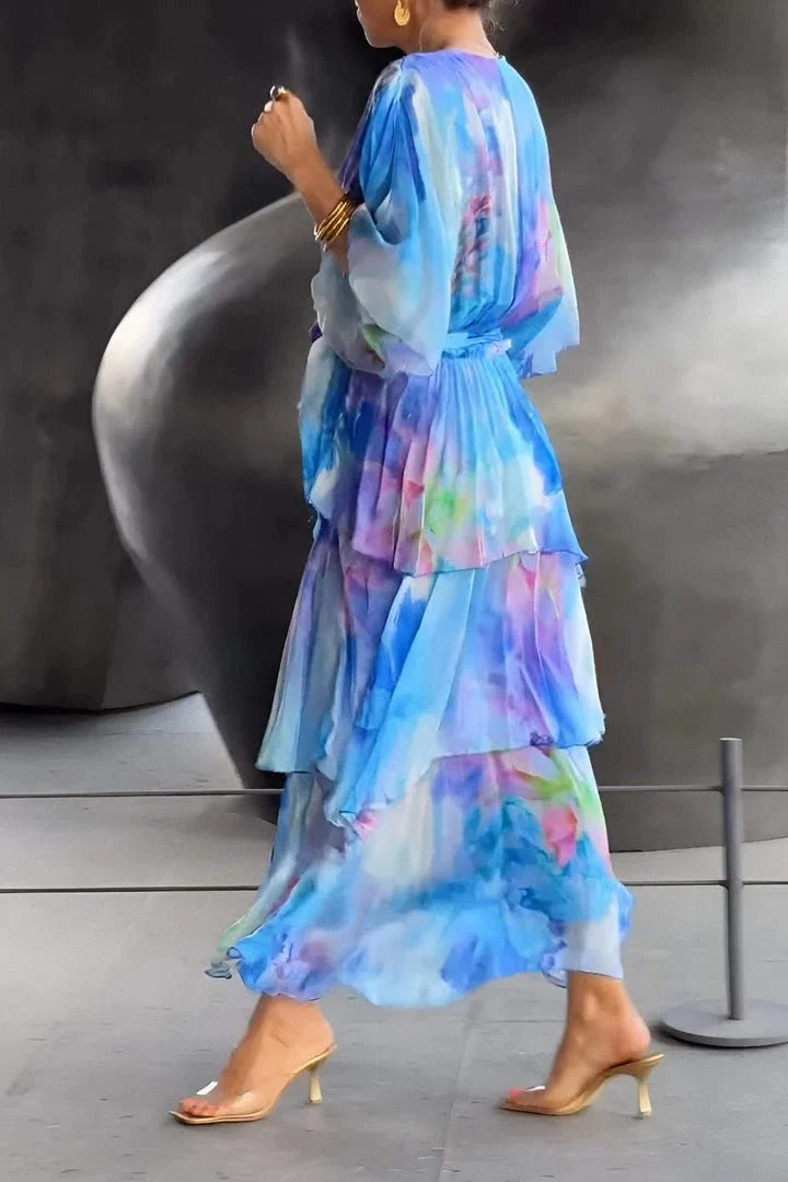 Women's Summer Floral Layered Dress with V-neck and Half Sleeves - Image 3