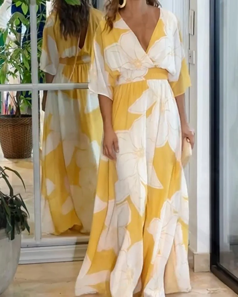 Women's Summer Floral Maxi Dress with V-neck and Elastic Waist