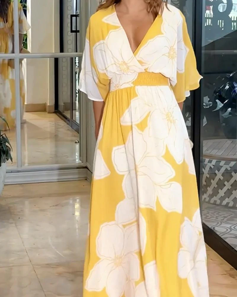 Women's Summer Floral Maxi Dress with V-neck and Elastic Waist - Image 2