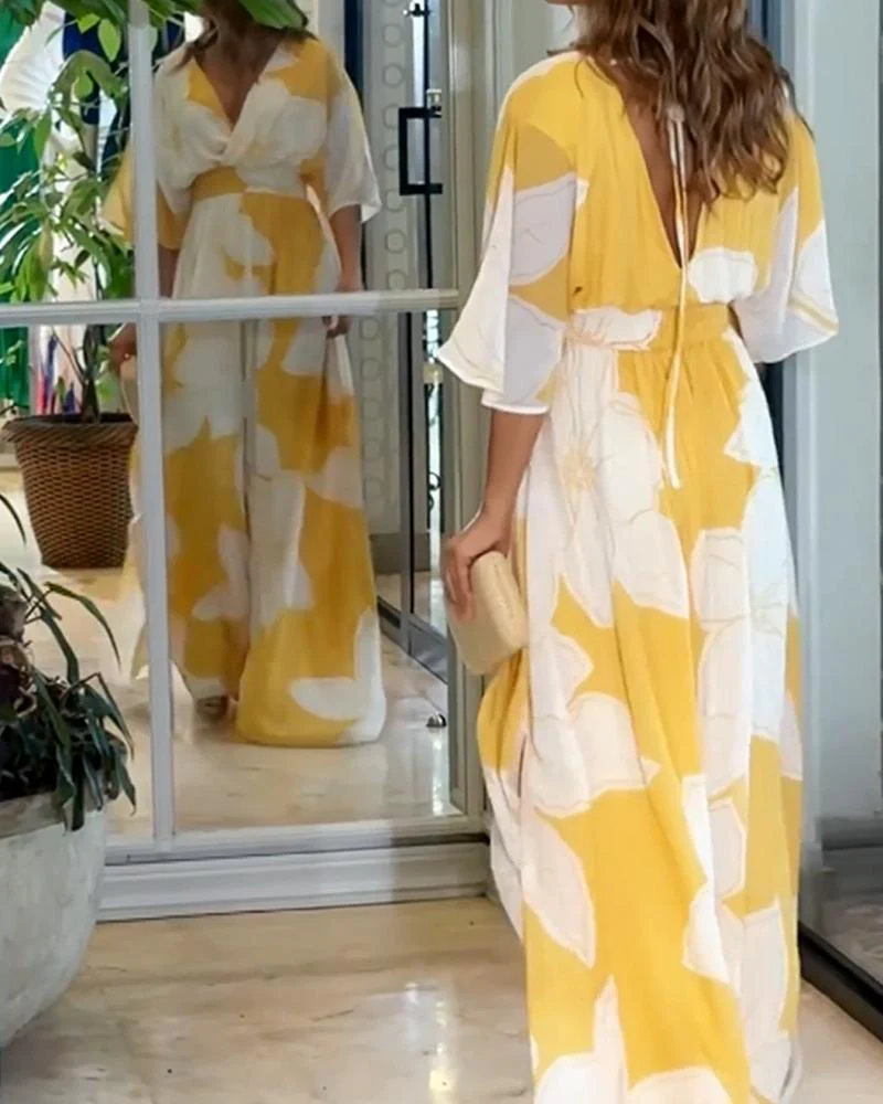 Women's Summer Floral Maxi Dress with V-neck and Elastic Waist - Image 3
