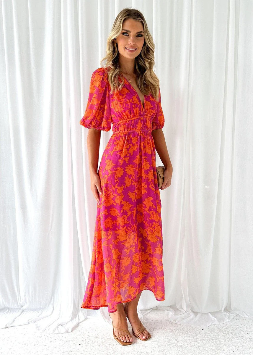 Women's Summer Floral Midi Dress with Puff Sleeves and V-neck - Image 2