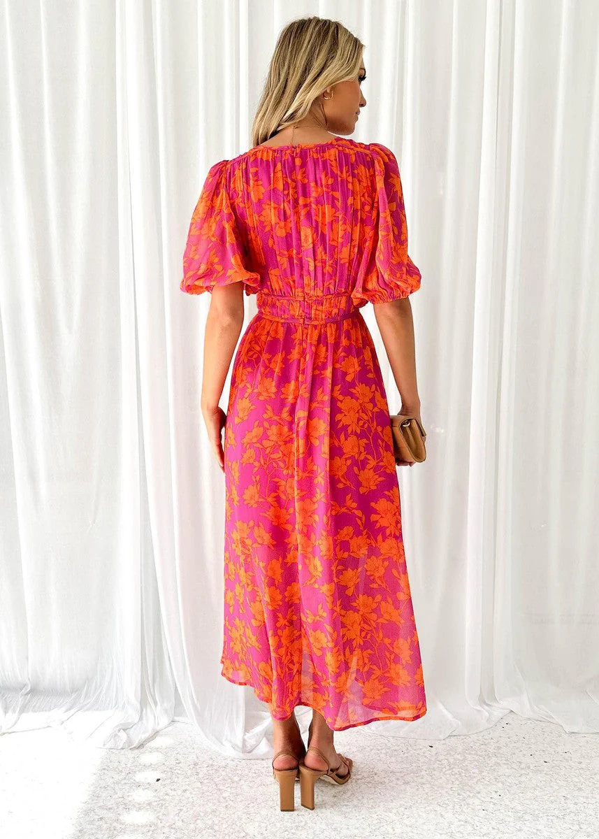 Women's Summer Floral Midi Dress with Puff Sleeves and V-neck - Image 3