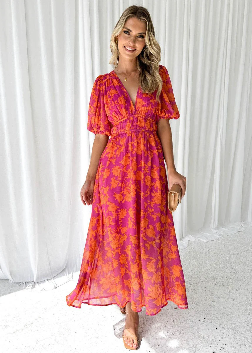 Women's Summer Floral Midi Dress with Puff Sleeves and V-neck - Image 4