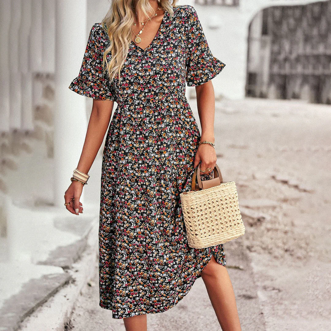 Women's Summer Floral Midi Dress with Short Sleeves and V-neckline - Image 2