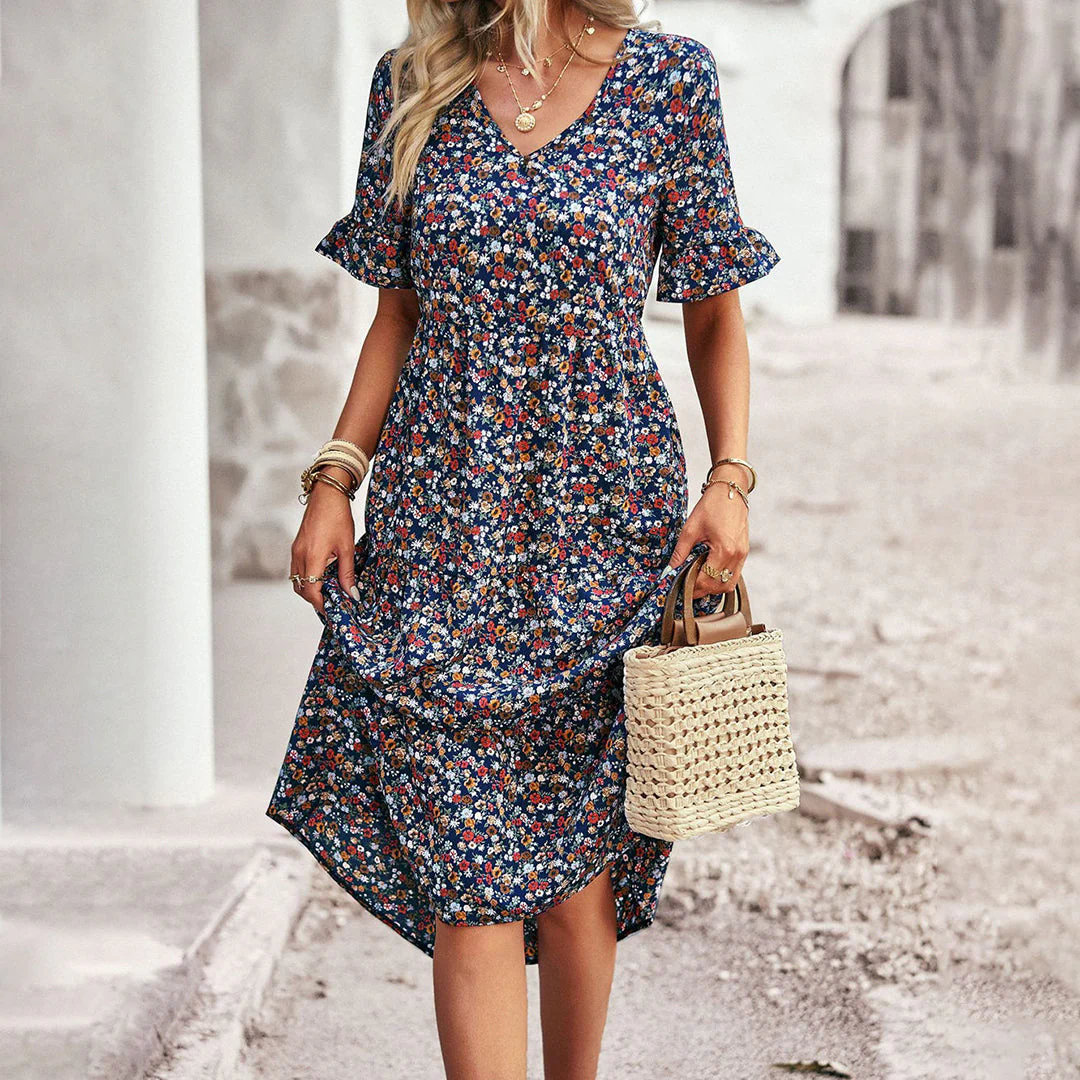 Women's Summer Floral Midi Dress with Short Sleeves and V-neckline - Image 3