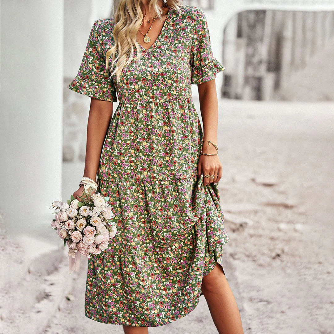 Women's Summer Floral Midi Dress with Short Sleeves and V-neckline - Image 4