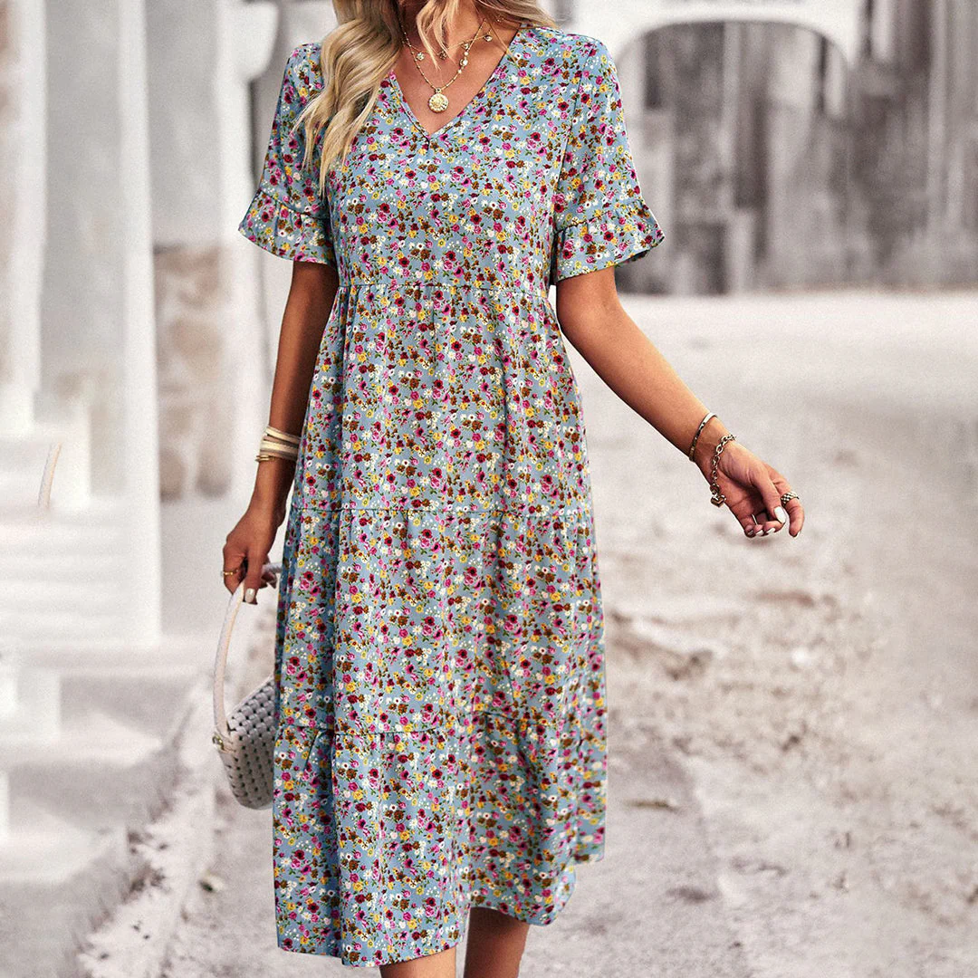 Women's Summer Floral Midi Dress with Short Sleeves and V-neckline - Image 5