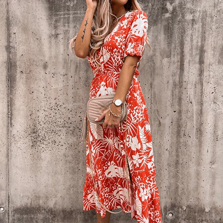 Women's Summer Floral Midi Dress with V-neck and Slit - Image 2