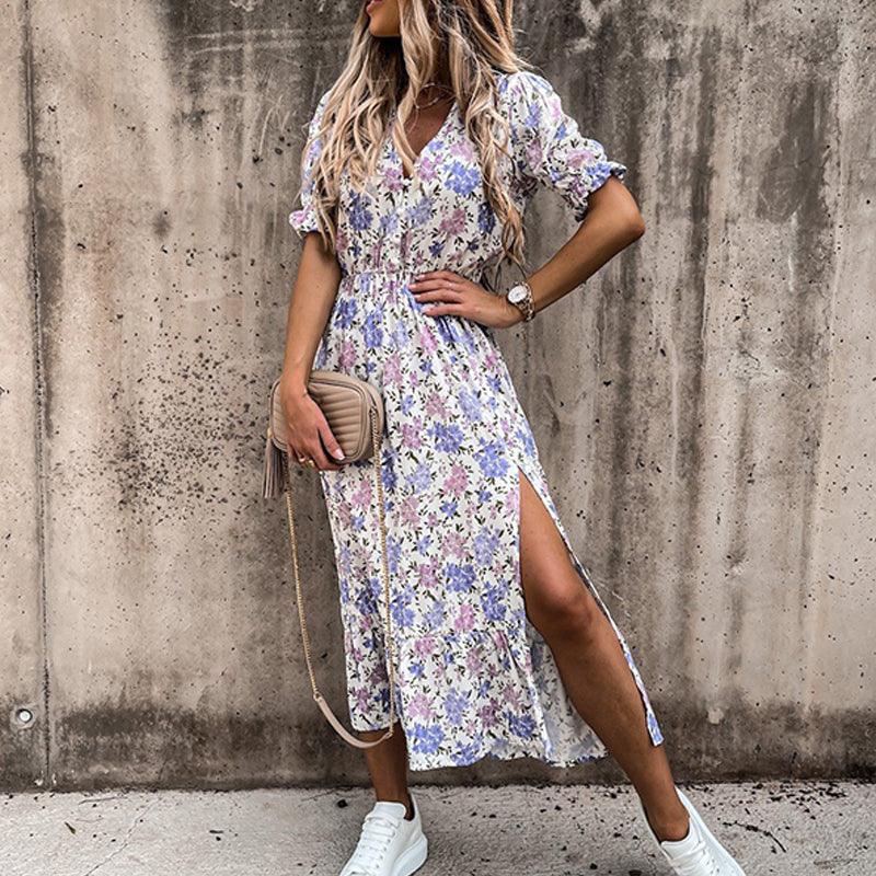 Women's Summer Floral Midi Dress with V-neck and Slit - Image 3