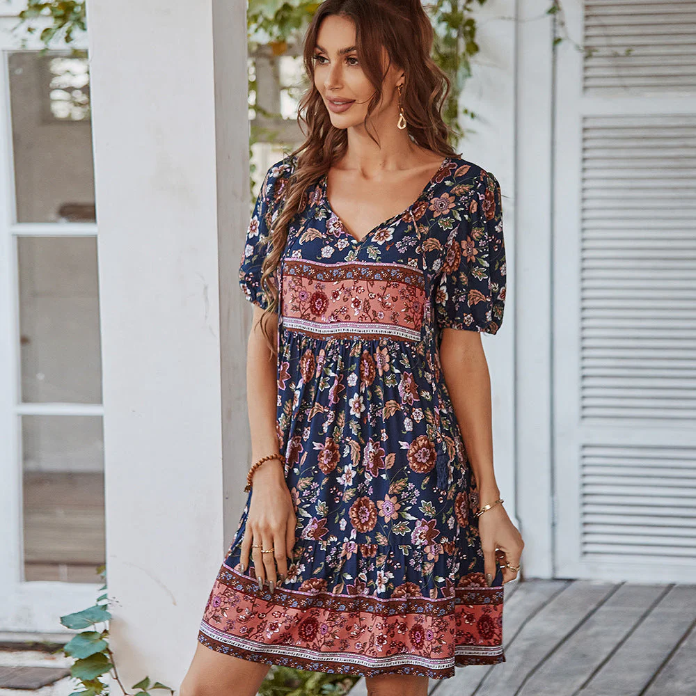 Women's Summer Floral Mini Dress with Puff Sleeves and Drawstring - Image 2