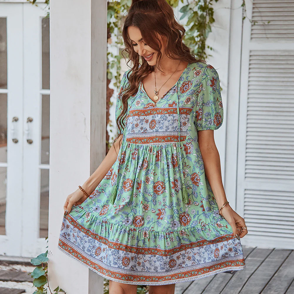 Women's Summer Floral Mini Dress with Puff Sleeves and Drawstring - Image 3
