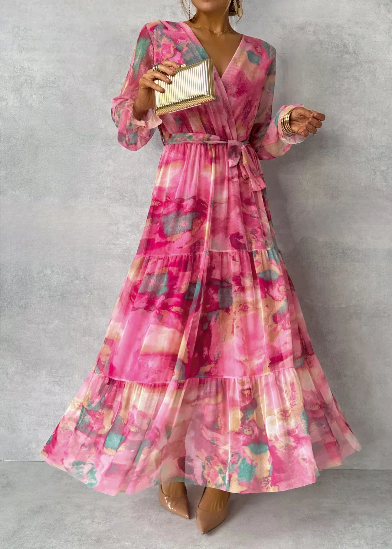 Women's Summer Floral Wrap Dress with Belt and Long Sleeves