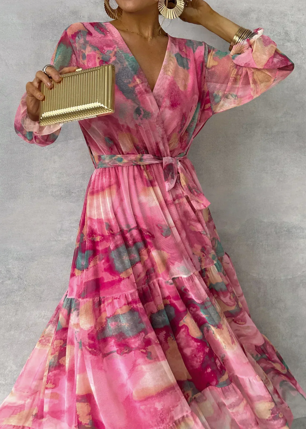 Women's Summer Floral Wrap Dress with Belt and Long Sleeves - Image 3