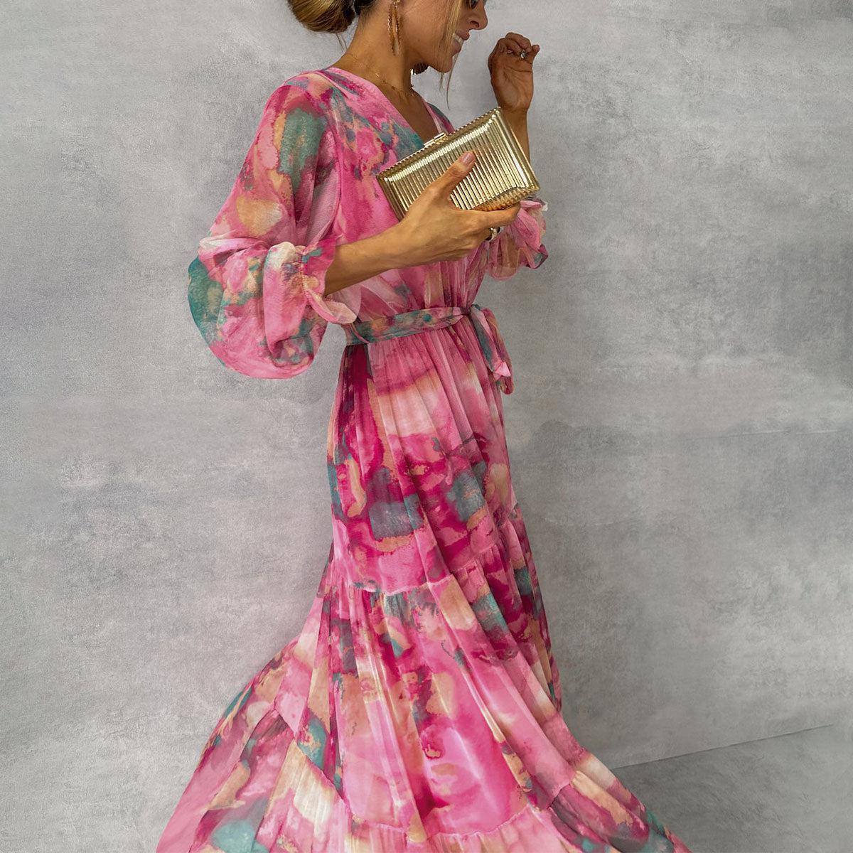 Women's Summer Floral Wrap Dress with Belt and Long Sleeves - Image 4