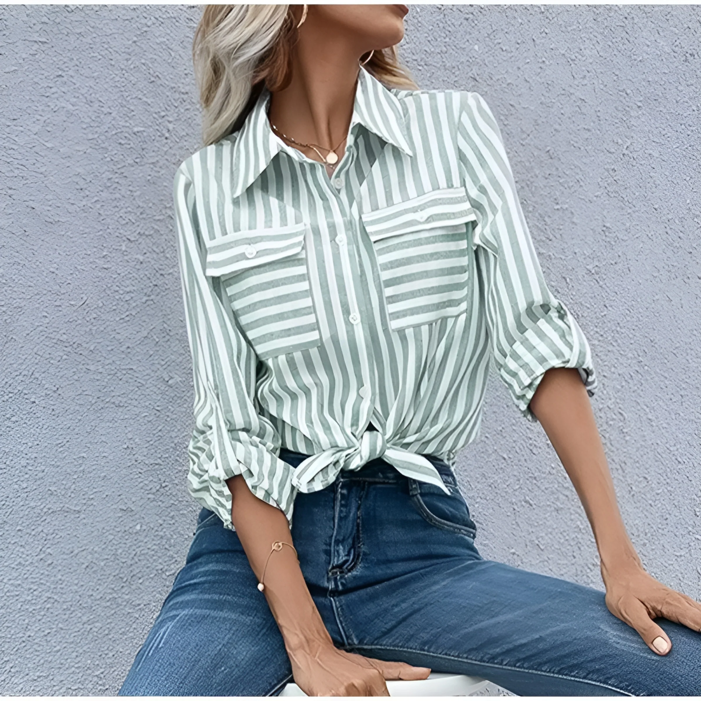 Women's Summer Folded Sleeves Shirt with Striped and Buttons - Image 4