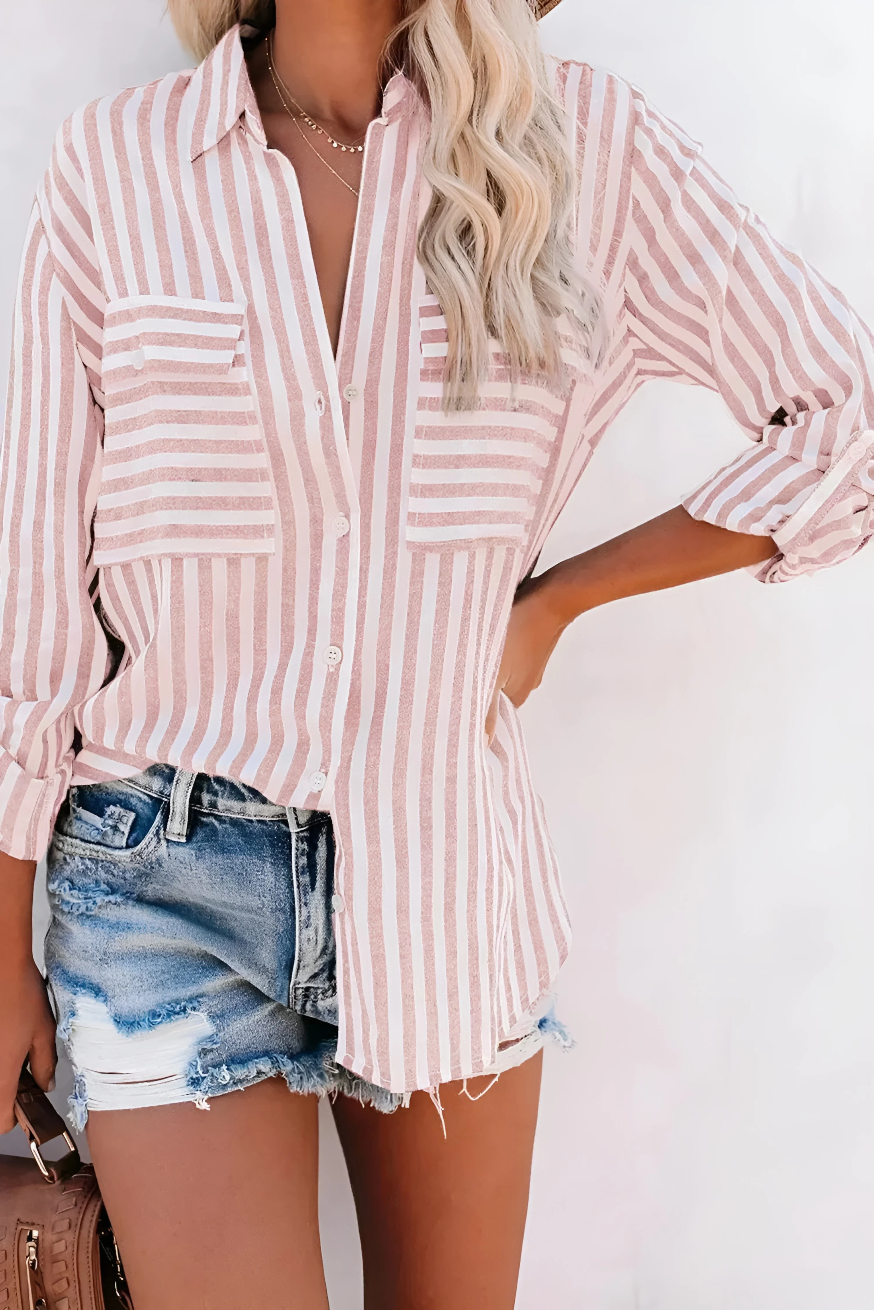 Women's Summer Folded Sleeves Shirt with Striped and Buttons - Image 5