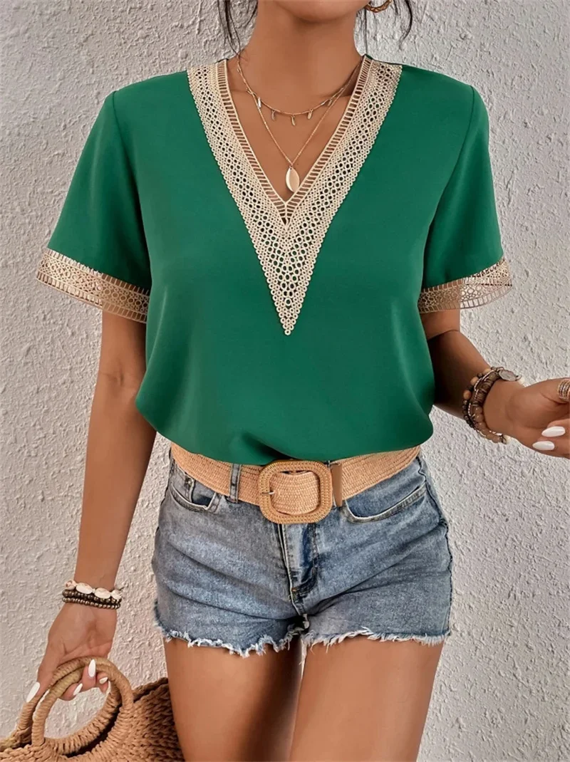 Women's Summer Guipure Lace Blouse with Short Sleeves and V-neckline - Image 3