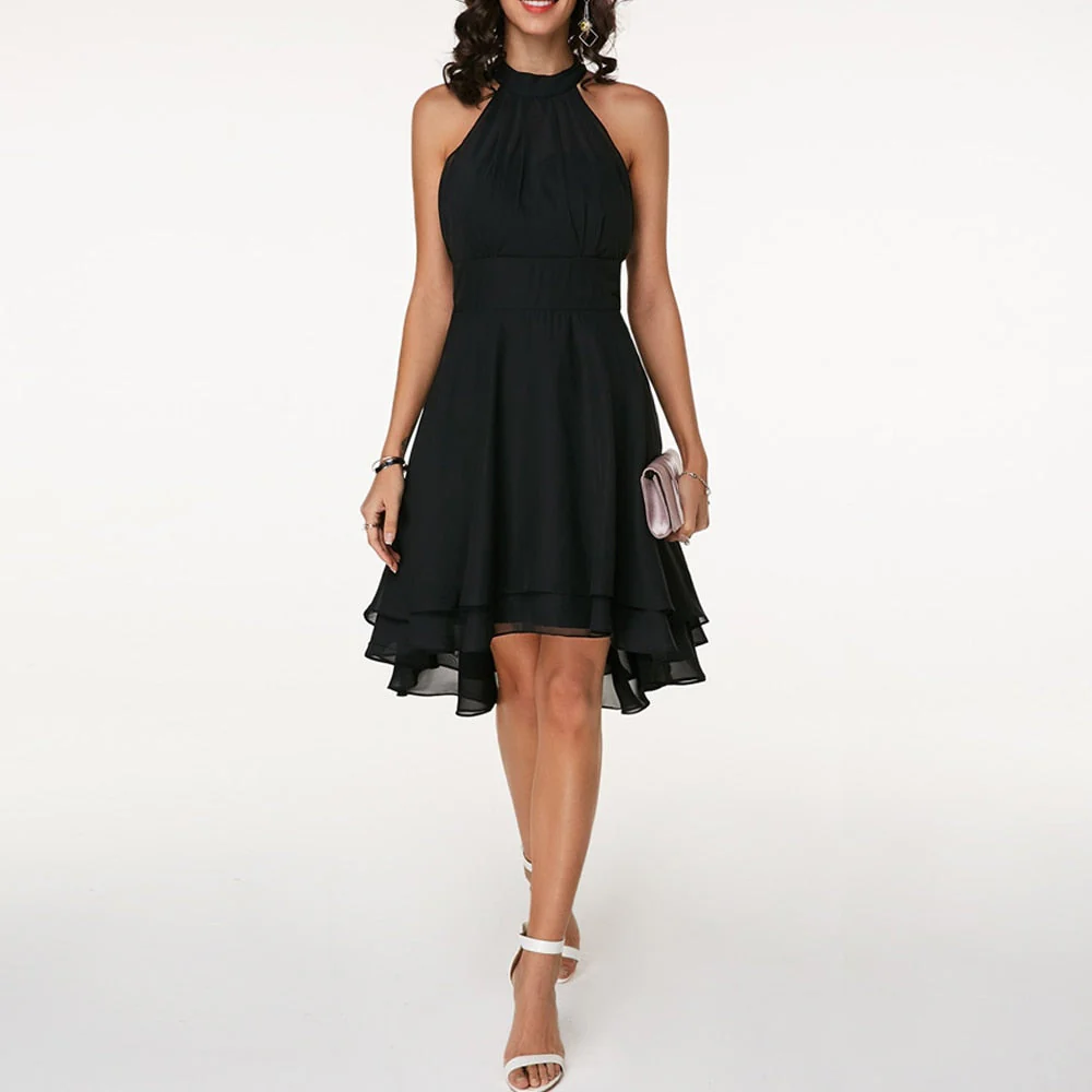 Women's Summer Halter Neck Mini Dress with Layered Sheer Design - Image 2