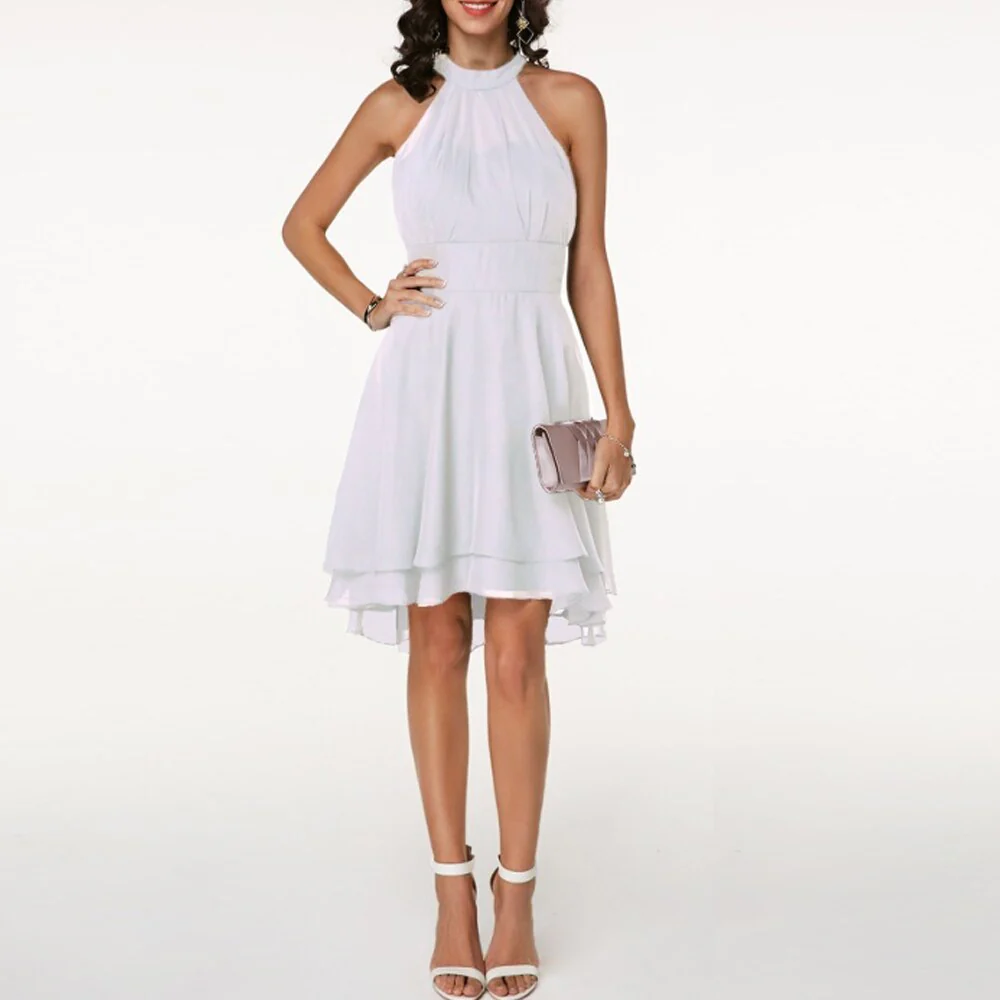 Women's Summer Halter Neck Mini Dress with Layered Sheer Design - Image 3