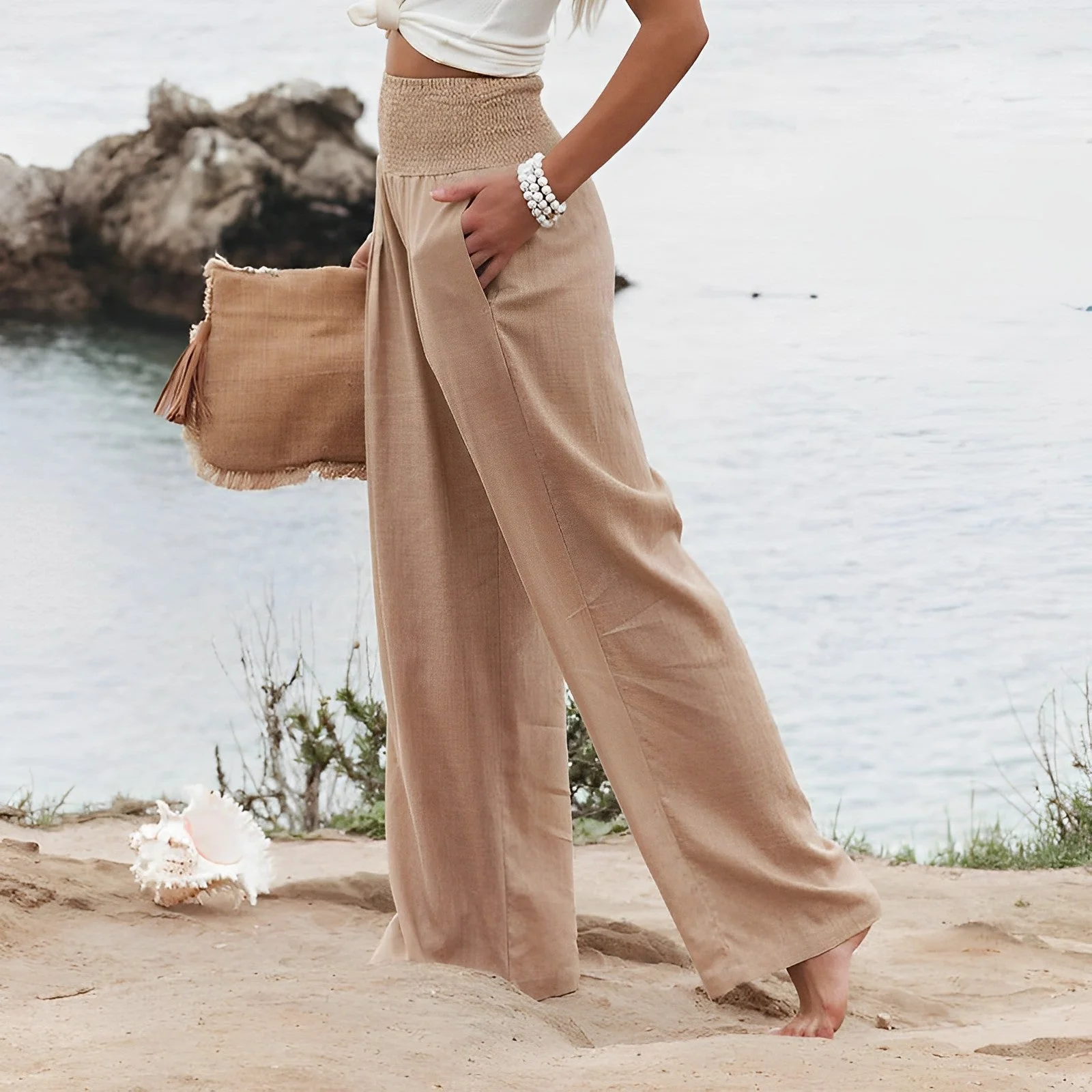 Women's Summer High Waisted Trouser with Wide Leg and Elastic Waist - Image 5