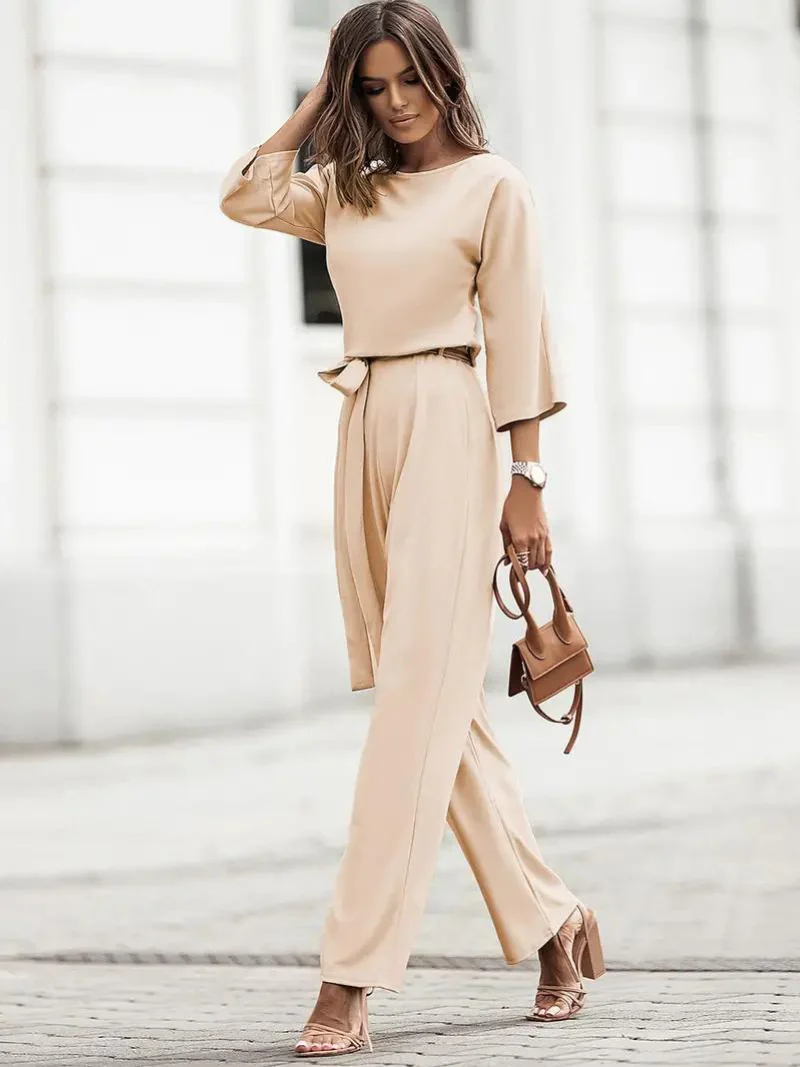 Women's Summer Jumpsuit with Belt and Long Sleeves - Image 3