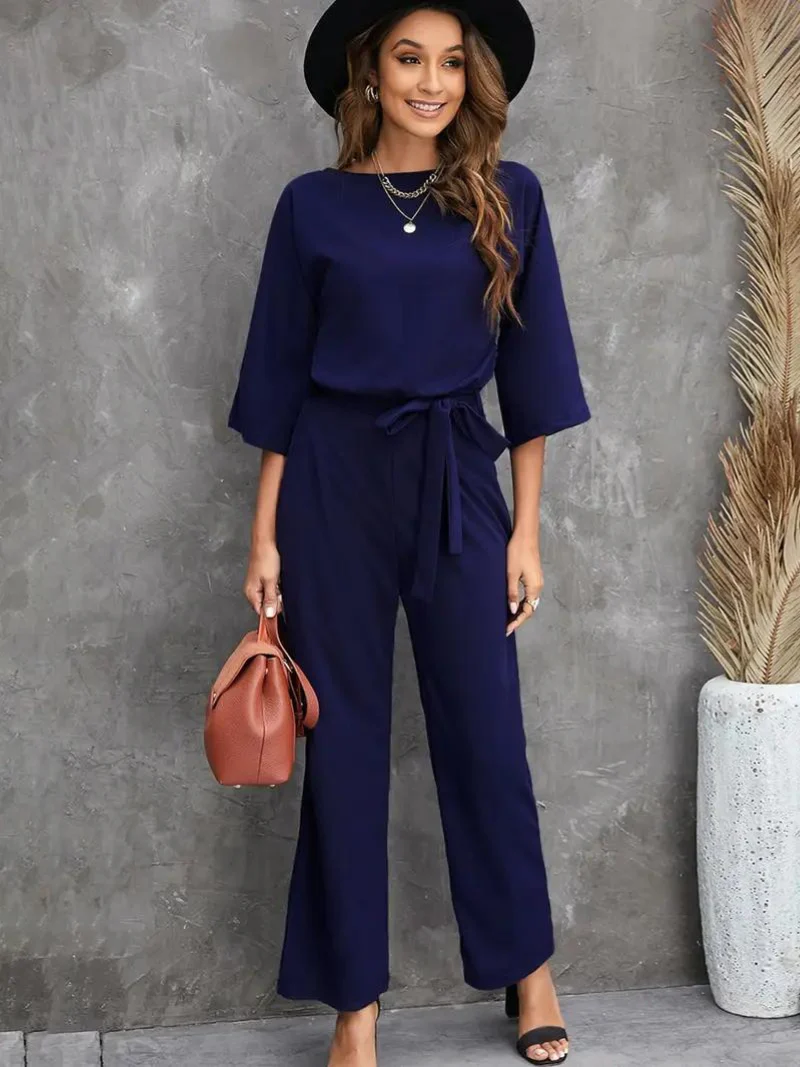 Women's Summer Jumpsuit with Belt and Long Sleeves - Image 4