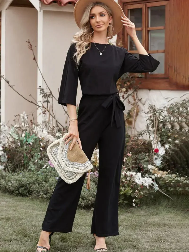 Women's Summer Jumpsuit with Belt and Long Sleeves - Image 5