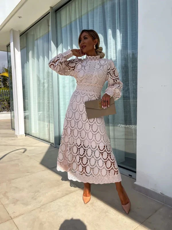 Women's Summer Lace Dress with Puff Sleeves and High Neck