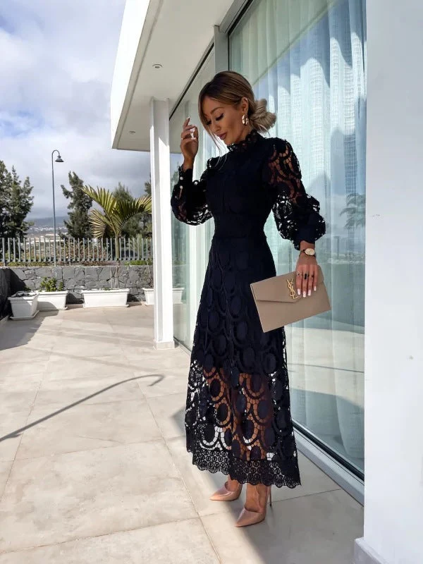Women's Summer Lace Dress with Puff Sleeves and High Neck - Image 2