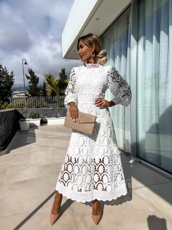 Women's Summer Lace Dress with Puff Sleeves and High Neck - Image 3