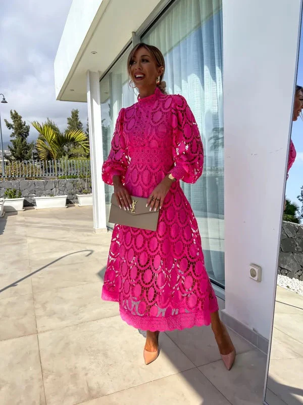 Women's Summer Lace Dress with Puff Sleeves and High Neck - Image 4