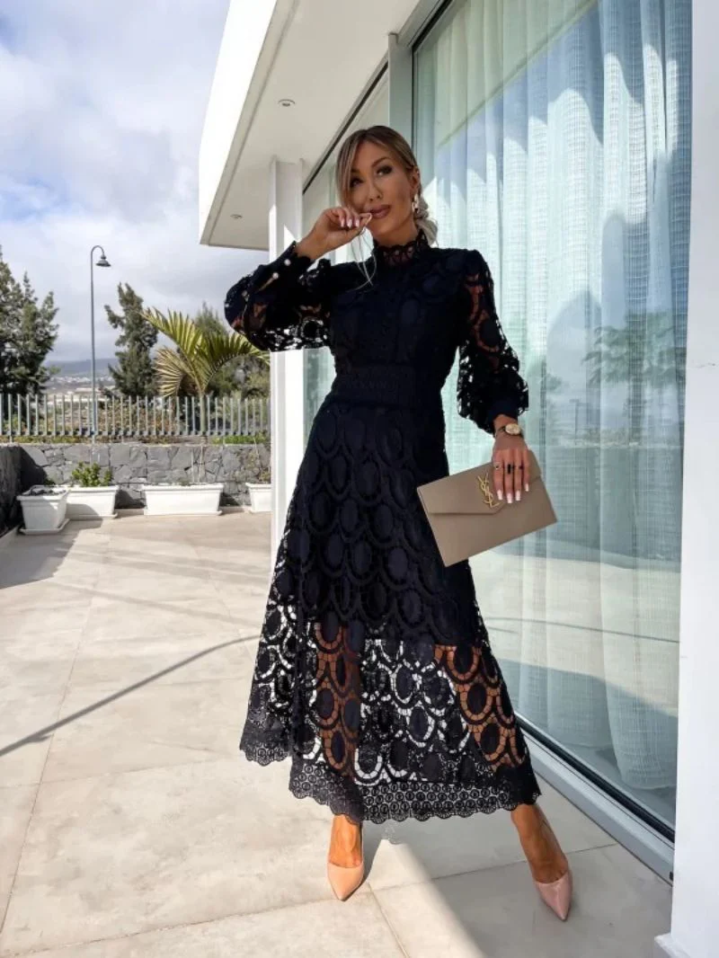 Women's Summer Lace Dress with Puff Sleeves and High Neck - Image 6