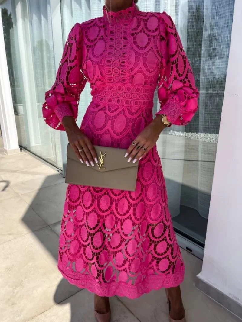 Women's Summer Lace Dress with Puff Sleeves and High Neck - Image 7