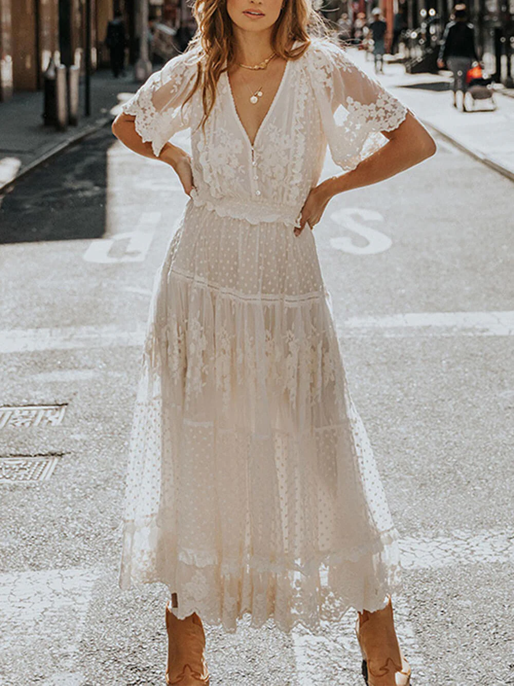 Women's Summer Lace Dress with V-neck and Buttons