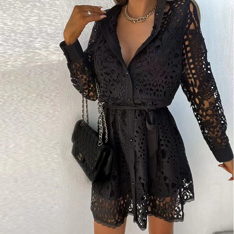 Women's Summer Lace Mini Dress with Long Sleeves and Buttons - Image 3