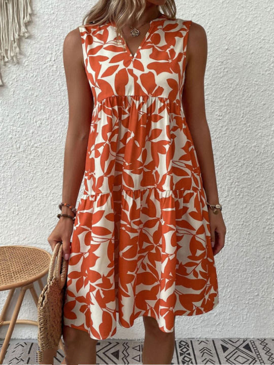 Women's Summer Leaf Print Mini Dress with V-neckline and Sleeveless - Image 3