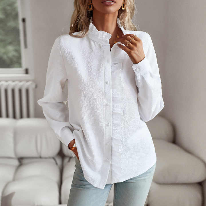 Women's Summer Long Sleeve Blouse with Buttons and Ruffles - Image 2