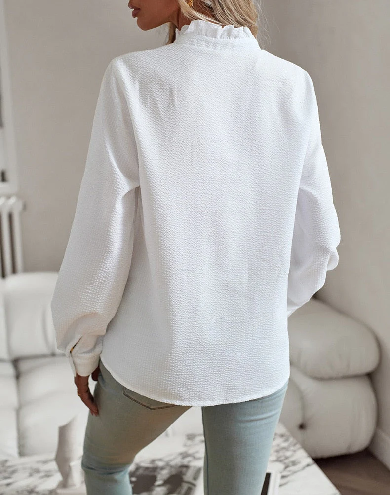 Women's Summer Long Sleeve Blouse with Buttons and Ruffles - Image 6