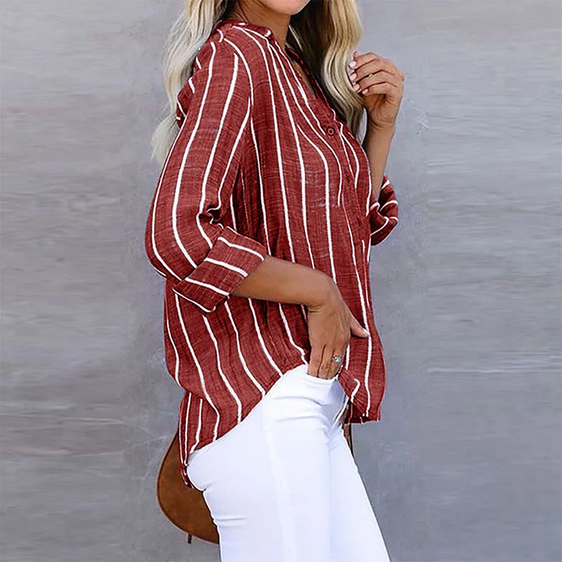Women's Summer Long Sleeve Blouse with Striped and Buttons - Image 3