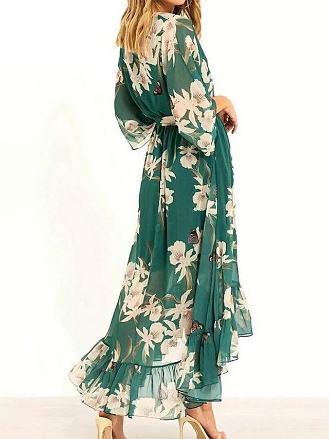Women's Summer Long Sleeve Floral Dress with V-neck and Ruffles - Image 2