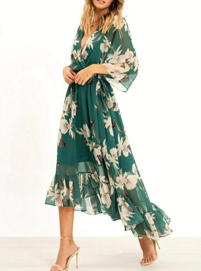 Women's Summer Long Sleeve Floral Dress with V-neck and Ruffles - Image 3