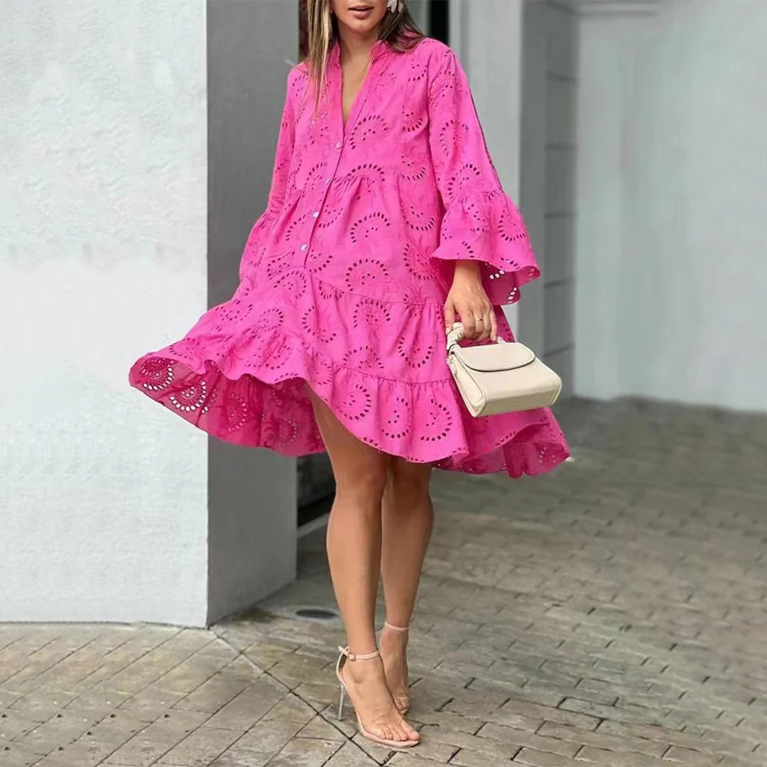 Women's Summer Long Sleeve Mini Dress with Eyelet Design and Half Buttons - Image 4