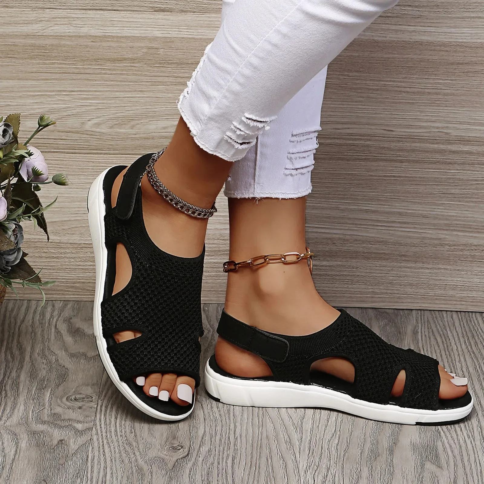 Women's Summer Mesh Sandals with Open Toe and Cut-out Design - Image 5