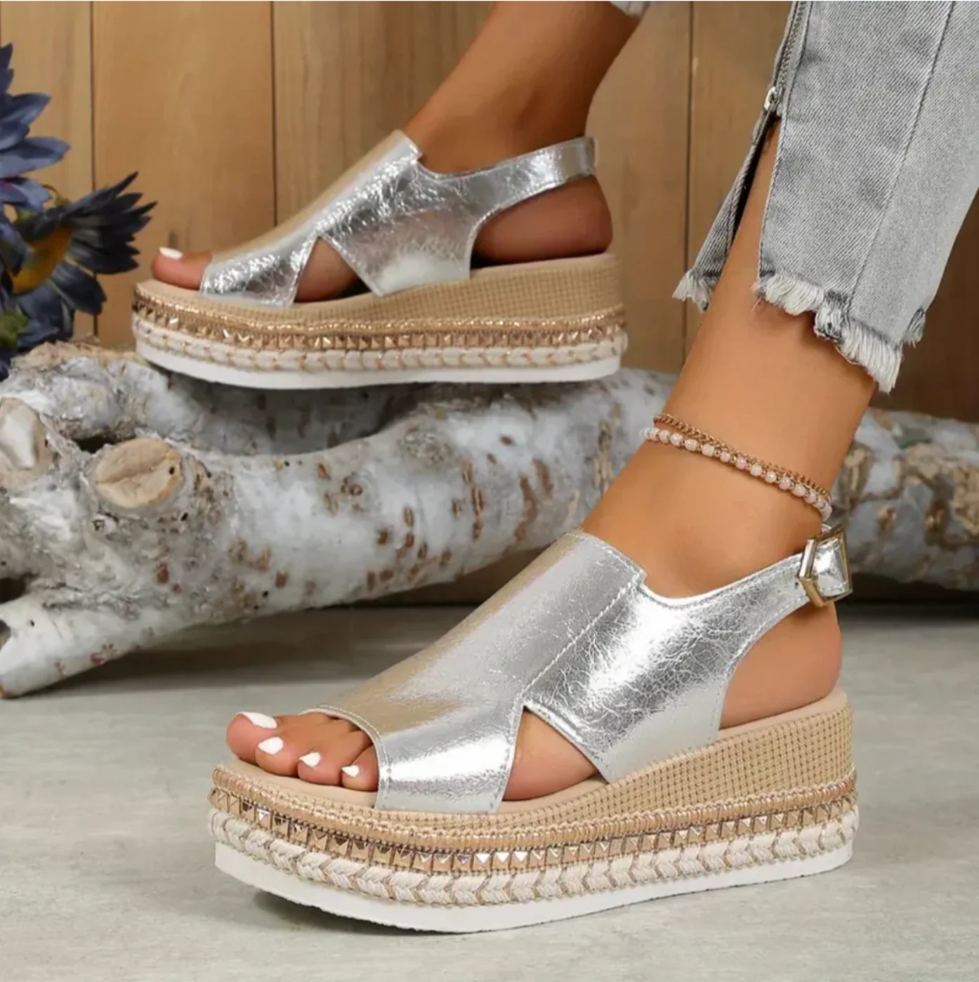 Women's Summer Metallic Espadrille Sandals with Slingback and Open Toe - Image 2