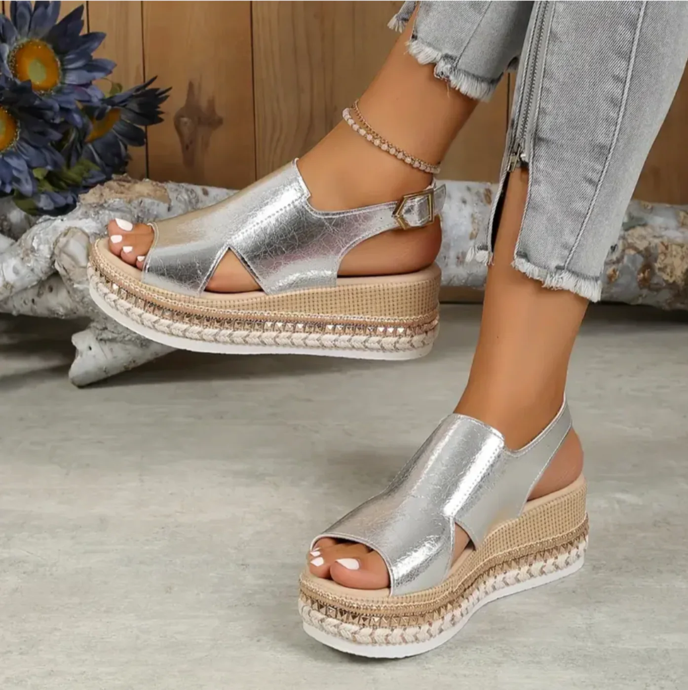 Women's Summer Metallic Espadrille Sandals with Slingback and Open Toe - Image 6