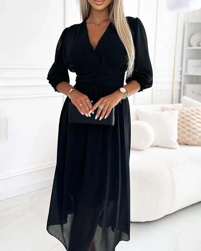 Women's Summer Midi Dress with Puff Sleeves and V-neckline - Image 2