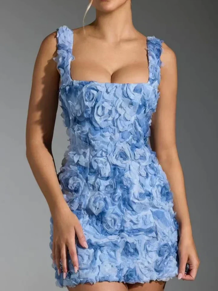 Women's Summer Mini Dress with Textured Floral and Square Neckline - Image 2