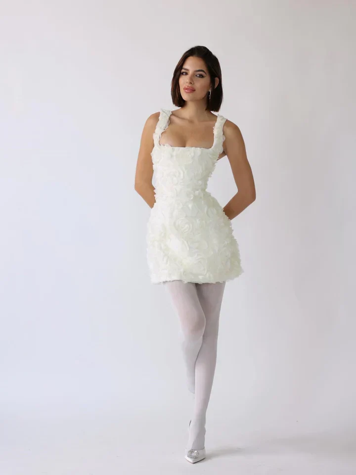 Women's Summer Mini Dress with Textured Floral and Square Neckline - Image 6