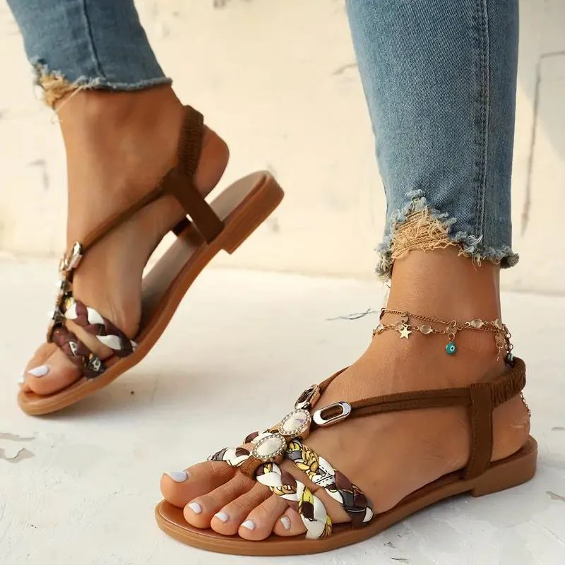 Women's Summer Multicolor Braided Strap Sandals with Gem Accents - Image 11