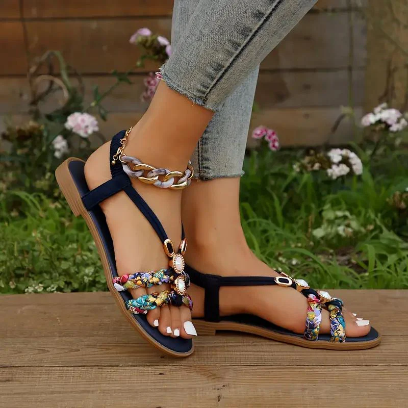 Women's Summer Multicolor Braided Strap Sandals with Gem Accents - Image 12
